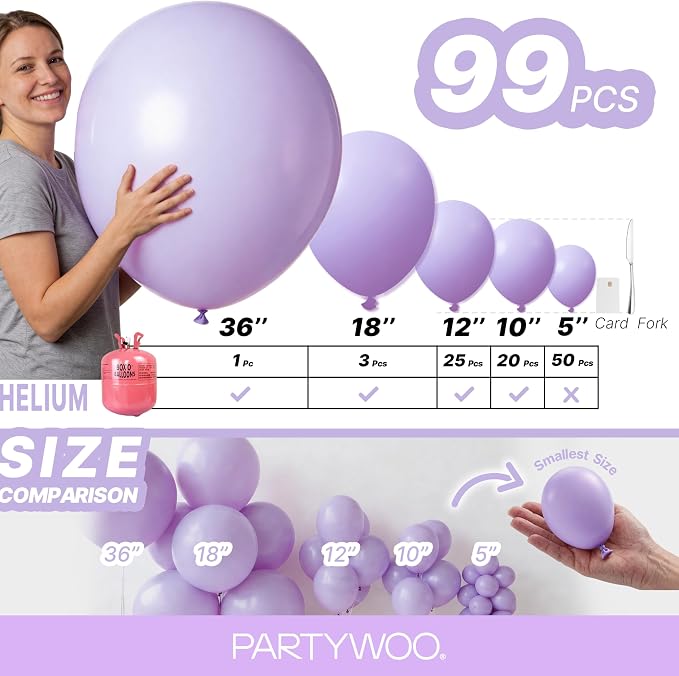 PartyWoo Lavender Balloons 99pcs Light Pastel Purple Lilac Color | 36 18 12 10 - Image 6