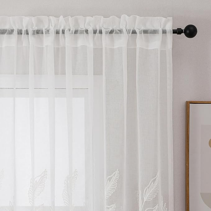 White Sheer Curtains Embroidered Leaf 2 Panels 96 Inches Long | Light Filtering - Image 3
