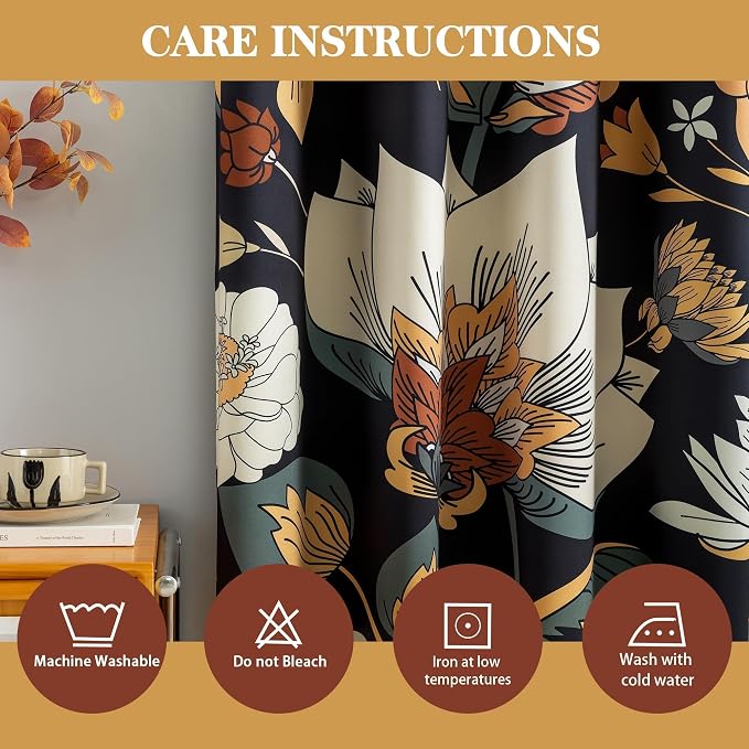 Tyrot Black Boho Floral 100% Blackout Curtains 45 Inch Long 2 Panels Mid - Image 7