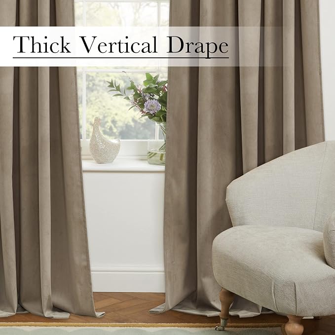 Back Tab Camel Beige Curtains 108 inches Long, Extra Wide Soft Velvet Thermal - Image 8