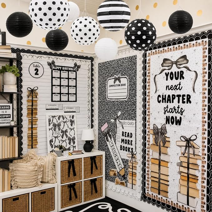 Treela 6 Pack Black and White Paper Lanterns Back to School 8" Round Hanging - Image 4