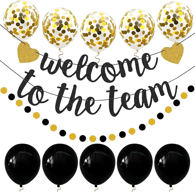 Welcome to The Team Banner Black Gold Glittery Welcome Banner by PEIQICHU