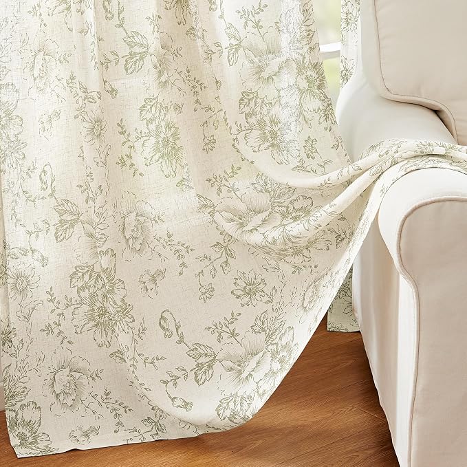 jinchan Green Floral Linen Curtains 84 Inch Vintage Back Tab 2 Panels | Light - Image 6