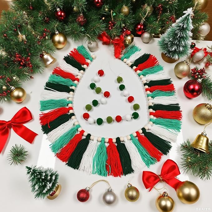 2 Pcs Boho Tassel Christmas Garland, Pom Pom Tassel, 6.5 Feet Long 20 Felt Balls - Image 7
