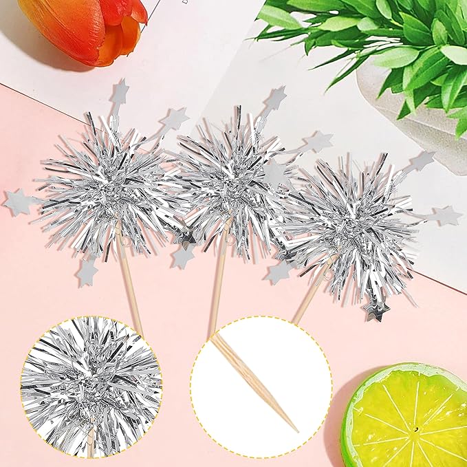 30 PCS Foil Firework Cupcake Toppers Star Cupcake Picks Sparkle Tinsel Flower - Image 3