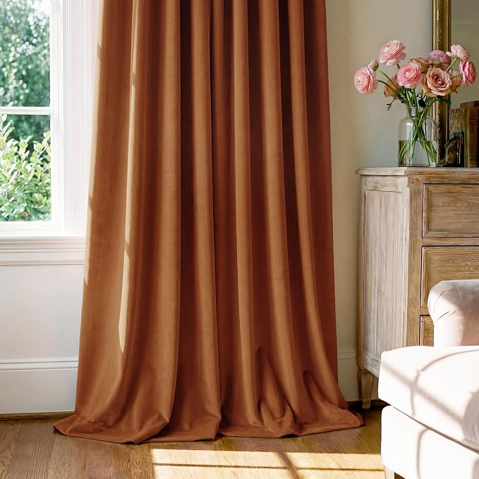 Burnt Orange Velvet Curtains Back Tab Extra Long, Window Back Tab Pinch Pleat - Image 7