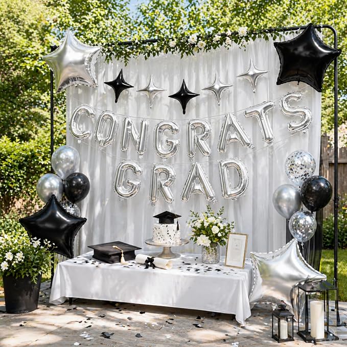 Congrats Grad Balloons, 16 Inch Black Silver Congrats Grad Letters Banner - Image 4