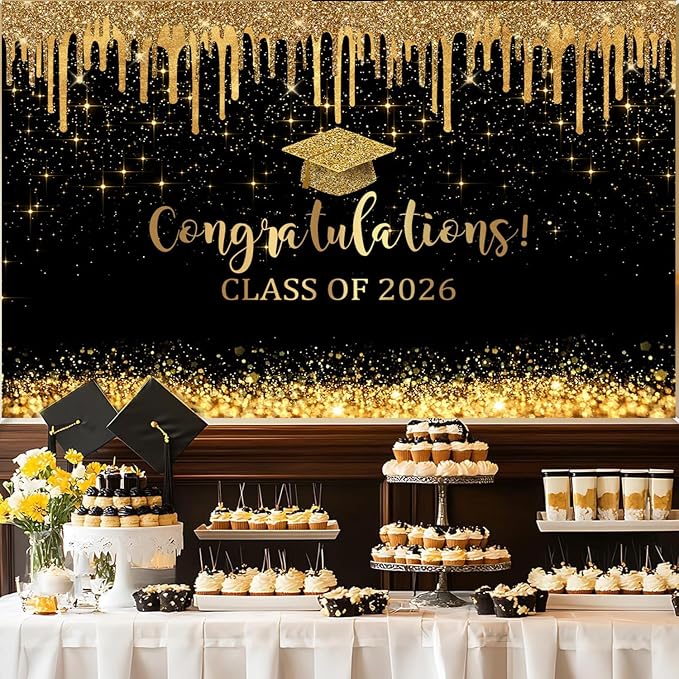 Mocsicka 10x7ft Graduation Backdrop 2026 Black and Gold Graduation Decorations - Image 2