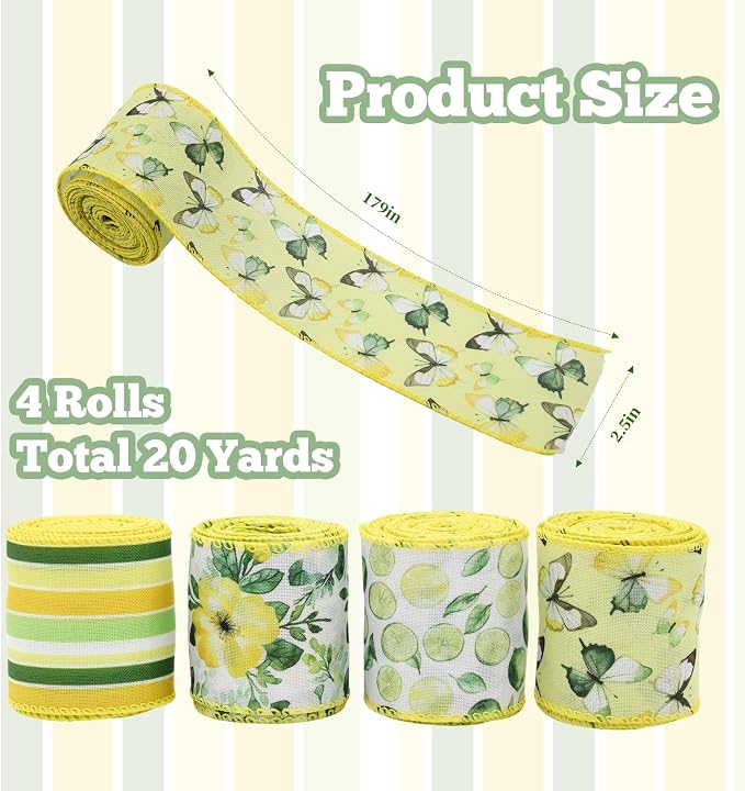 4 Rolls Floral Wired Edge Ribbon – Spring Summer Yellow Grosgrain - Image 3