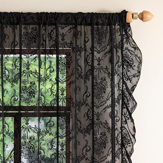 Deeprove Black Lace Curtains 63 Inch Length Set of 2 Panels Pair - Image 4