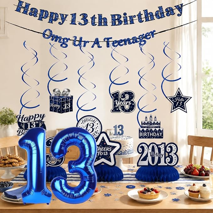 13th Birthday Decorations For Boys, Pre-Strung Navy Blue Happy 13th Birthday & - Image 8