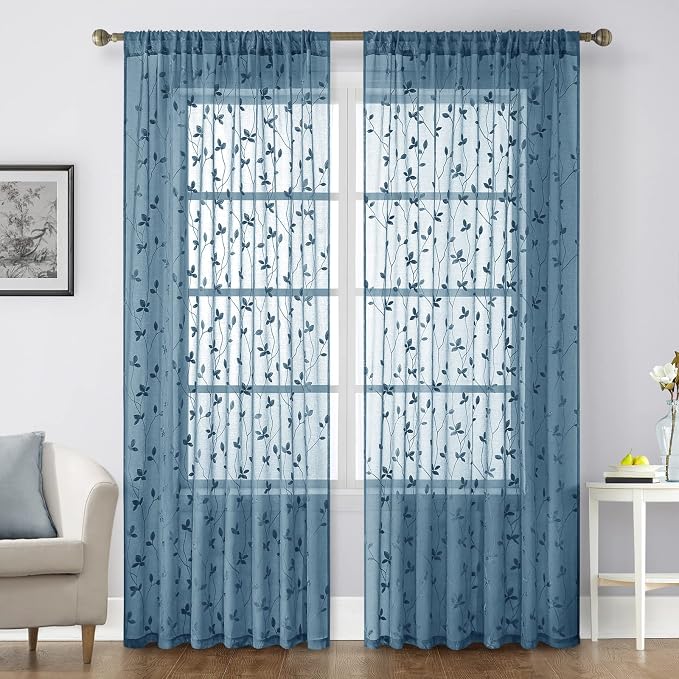 HOMEIDEAS Cyan Blue Sheer Curtains 2 Panels, Embroidered Vine Leaf, W52xL96 | by HOMEIDEAS