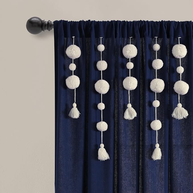 Lush Decor Boho Pom Pom Tassel Linen Textured Window Curtain Panel, Single 52" - Image 2