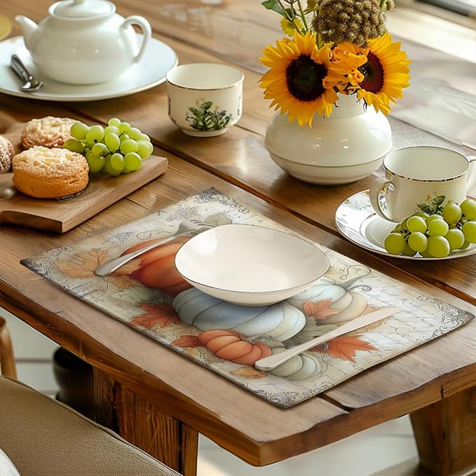 Fall Pumpkin Placemats Set of 4 Vintage Autumn Maple Leaf Seasonal Place Mats - Image 6