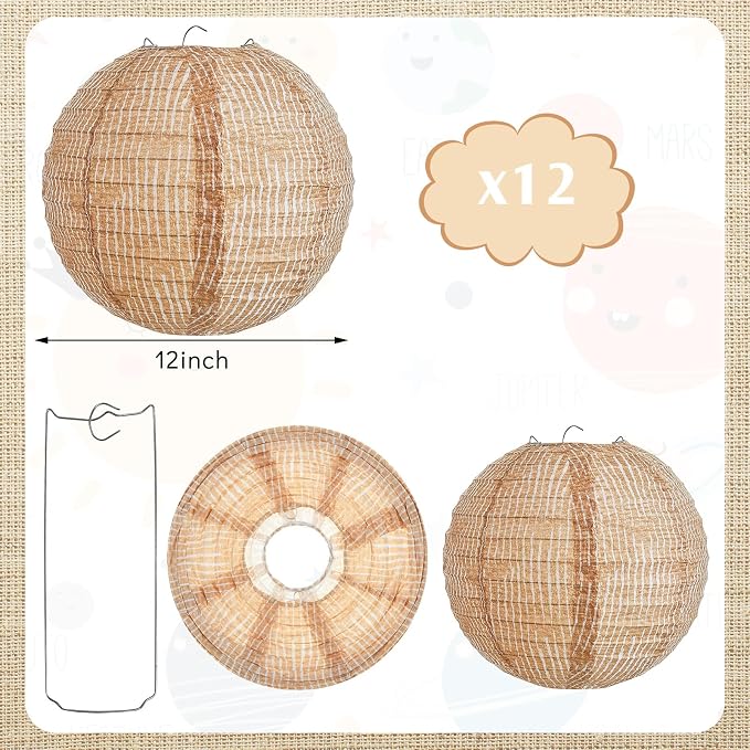 12 Pcs Print Burlap Paper Lanterns Round Chinese Paper Lanterns Farmhouse Boho - Image 2