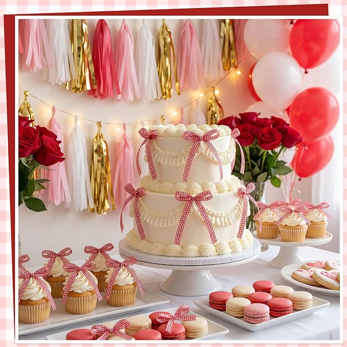 30 Pack Gingham Ribbon Bows for Cake Red Gingham Bow Cake Toppers | Plaid - Image 4