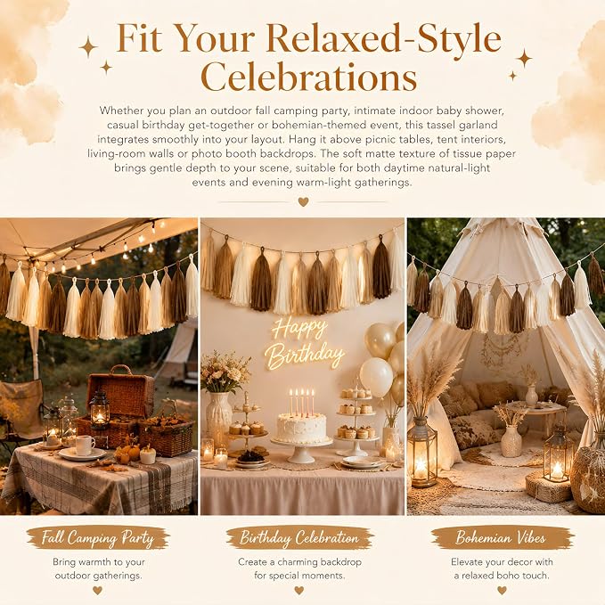 Brown Beige Cream Tissue Paper Tassel Garland 15PCS Banner | Boho Style - Image 4