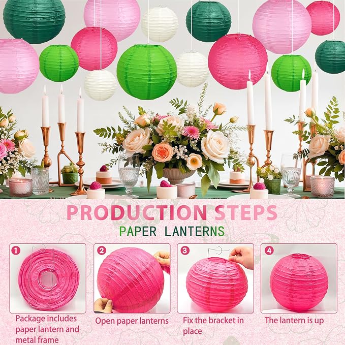 15-Piece Pink Green White Paper Lanterns Party Decorations | 6/8/10-Inch - Image 7