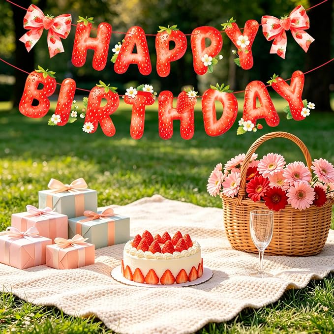 MEETINGU Strawberry Happy Birthday Banner, Watercolor Style, - Image 4