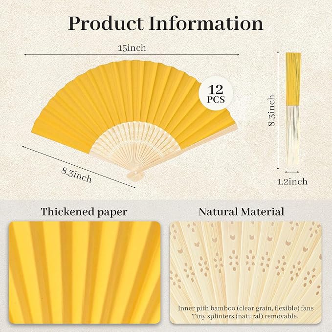 JOHOUSE 12 PCS Yellow Paper Fans Handheld, 8.3 Inch Foldable Hand Fan | Lemon - Image 7