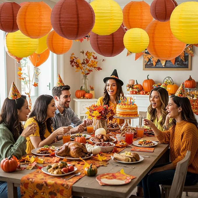 BEISHIDA 12Pcs Fall Orange Paper Lanterns Decorative Yellow Orange Brown Hanging Round Paper Lanterns Lamp for Thanksgiving Harvest Fall Wedding Autumn Birthday Decor,Outdoor Party Decoration