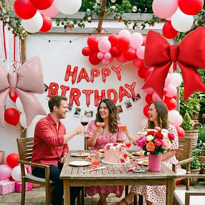Vuzvuv Red Happy Birthday Balloons, 38 Inches Huge Pink Bow Aluminum Foil - Image 5