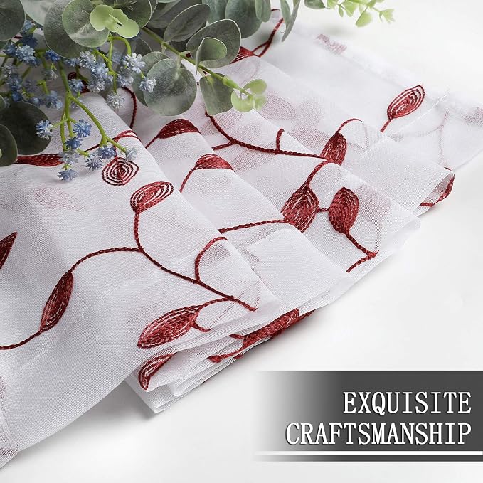 Tollpiz Leaves Short Sheer Curtains Burgundy Red Leaf Embroidery Living Room - Image 7