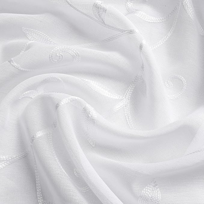 Kitchen Sheer Cafe Curtains Embroidered Leaves White 26Wx36L | Light Filtering - Image 4