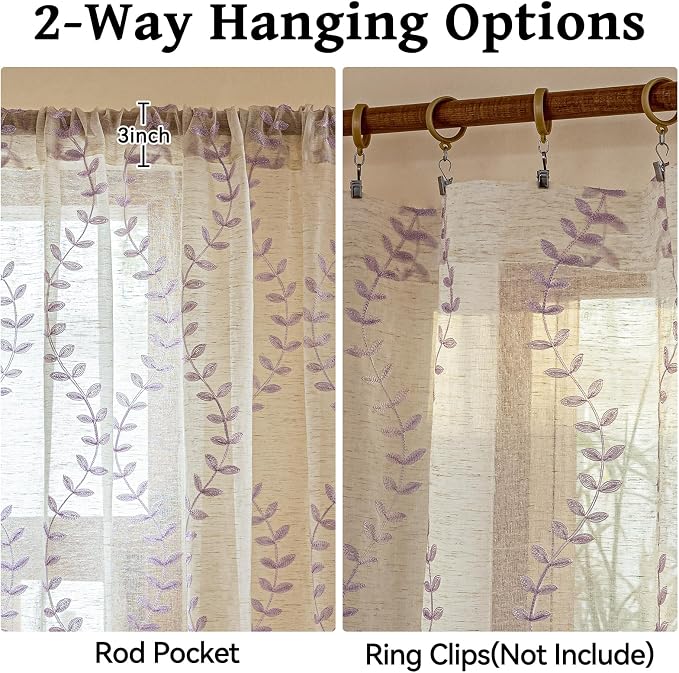 2 Panels Linen Leaf String Floral Embroidered Semi Sheer Curtain Farmhouse - Image 5