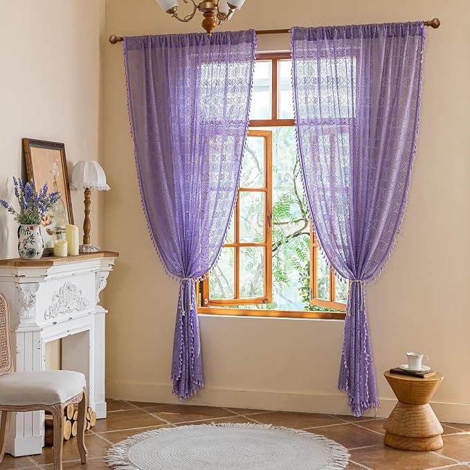 YJ YANJUN Boho Lace Curtains, Light Purple Sheer Panels, 59x72 inch, Pair | - Image 3