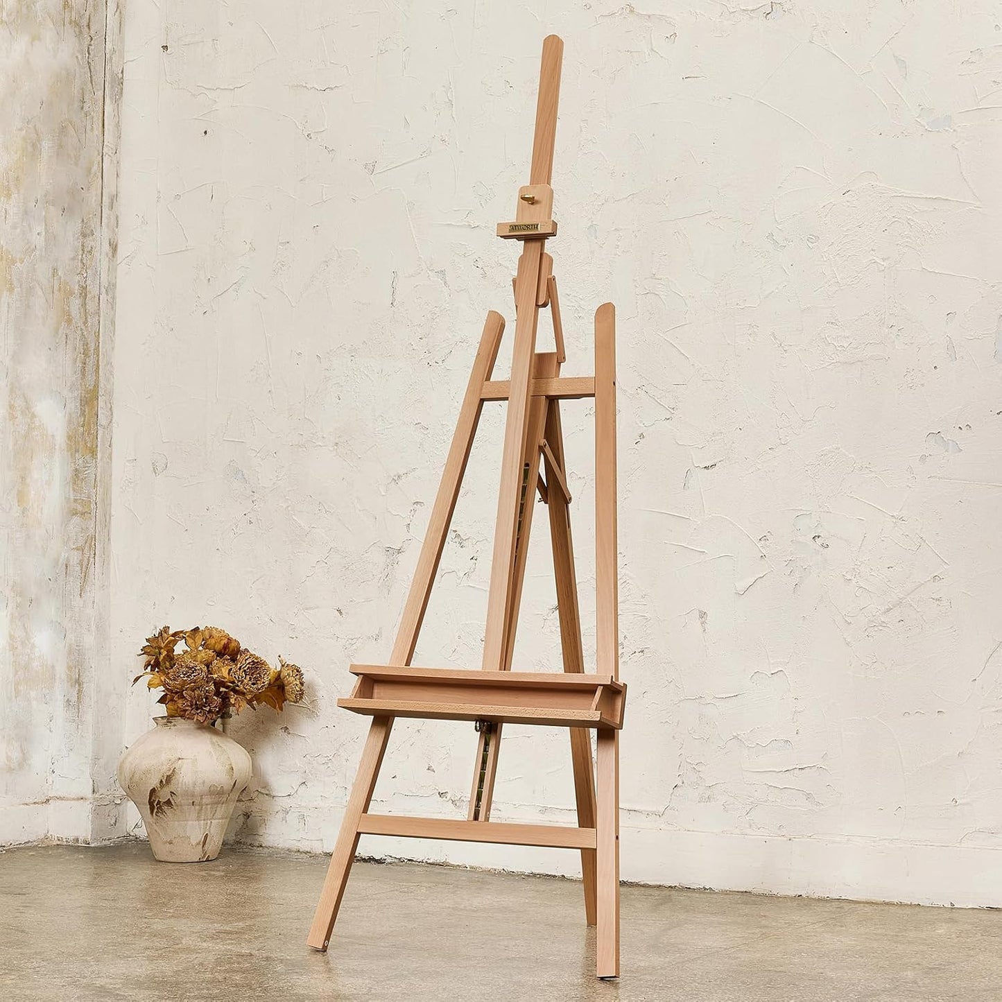 Studio Art Easel,Solid Beech Wood Artist Easel,Hold Canvas up to 48”, Adjustable A-Frame Lyre Style Painting Easel Stand with Storage Tray, Natural