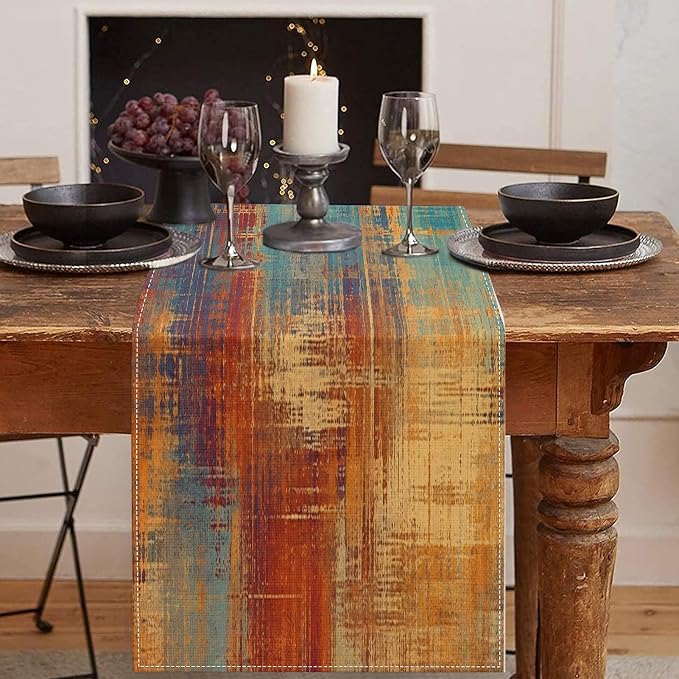 Emvency Blue and Orange Table Runner, Vintage Abstract Messy Rust Painting by Emvency
