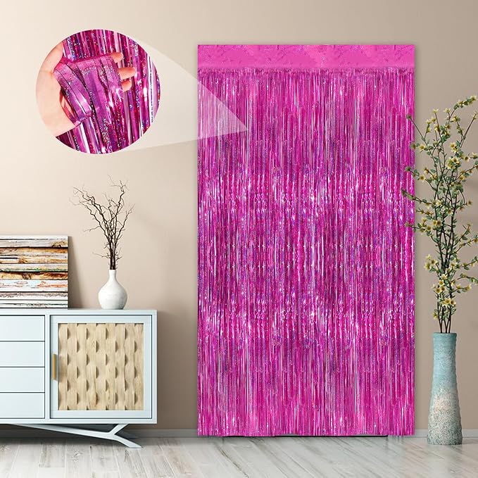 Rose Pink Party Streamers 2 Pack Glitter Foil Fringe Curtain 3.3 x 8.3ft Pink - Image 4