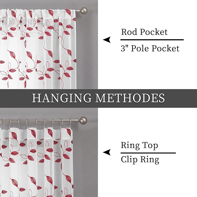 Tollpiz Burgundy Red Leaf Sheer Curtain Bedroom 54 x 95 Inches | Leaves - Image 5