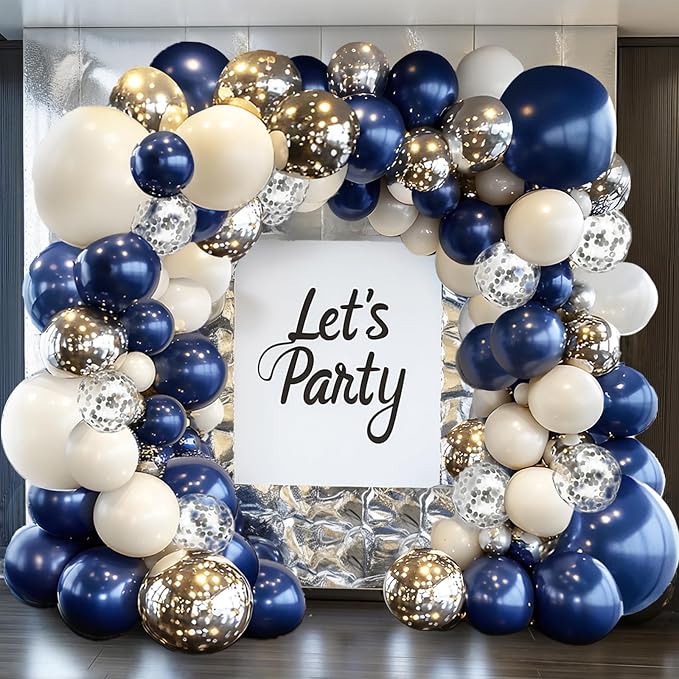 Navy Blue Silver Balloon Arch Kit, Pearl White, Different Size | Double Stuffed by PUFFLD