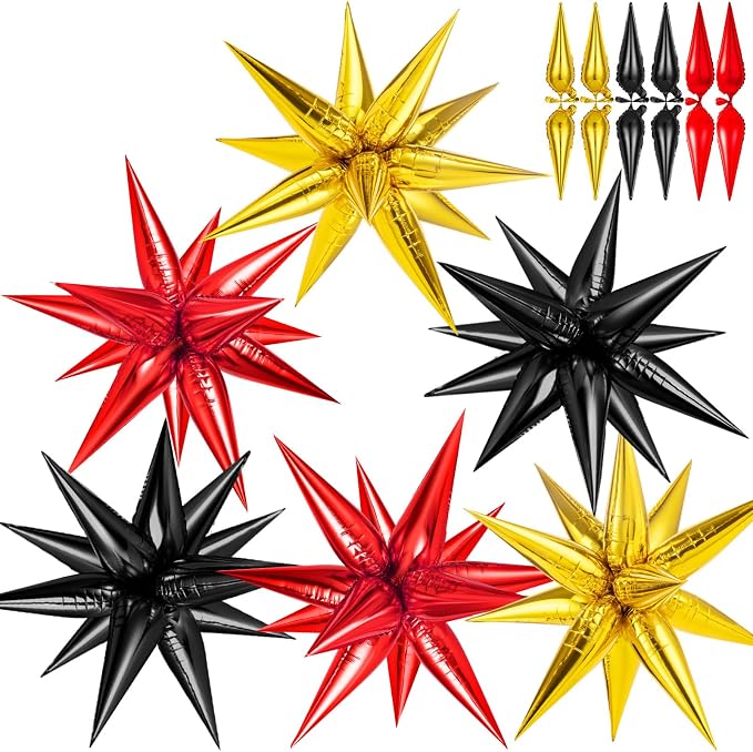 Red Black and Gold Star Balloons, 12 Point Spike Foil Cone Balloon by GCTWFYK