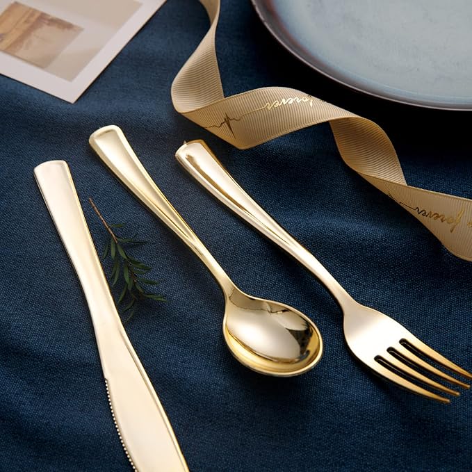 bUCLA 600 Pieces Gold Plastic Silverware - Disposable Gold Utensils - Heavyweight Plastic Cutlery set- 200 Forks, 200 Spoons, 200 Knives for Party & Thanksgiving