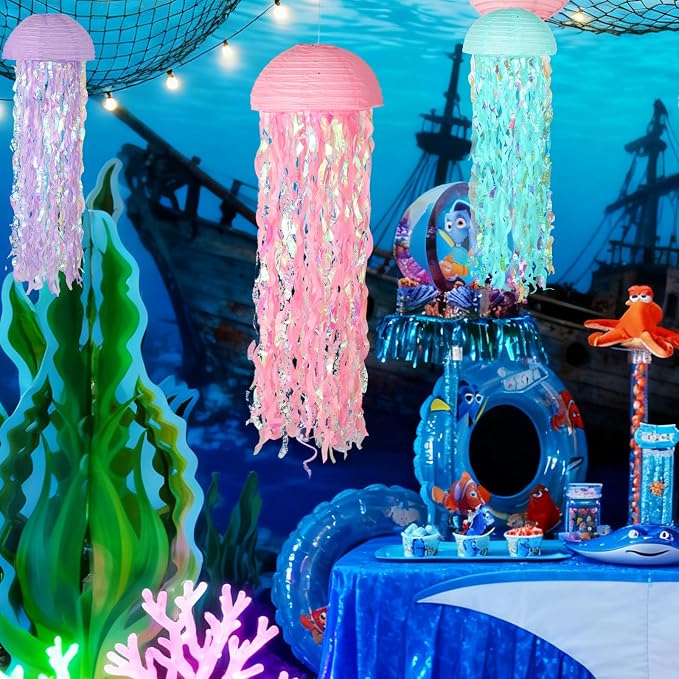 Set of 6 Mermaid Jellyfish Lanterns 10'' – Pink Purple Blue Decorations - Image 5