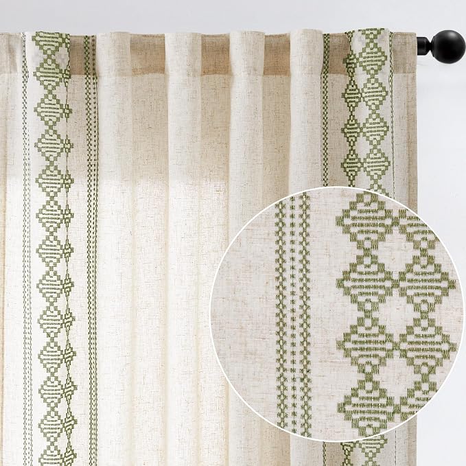 jinchan Floral Linen Curtains Embroidered Back Tab 50x96in 2 Panels Green | - Image 9