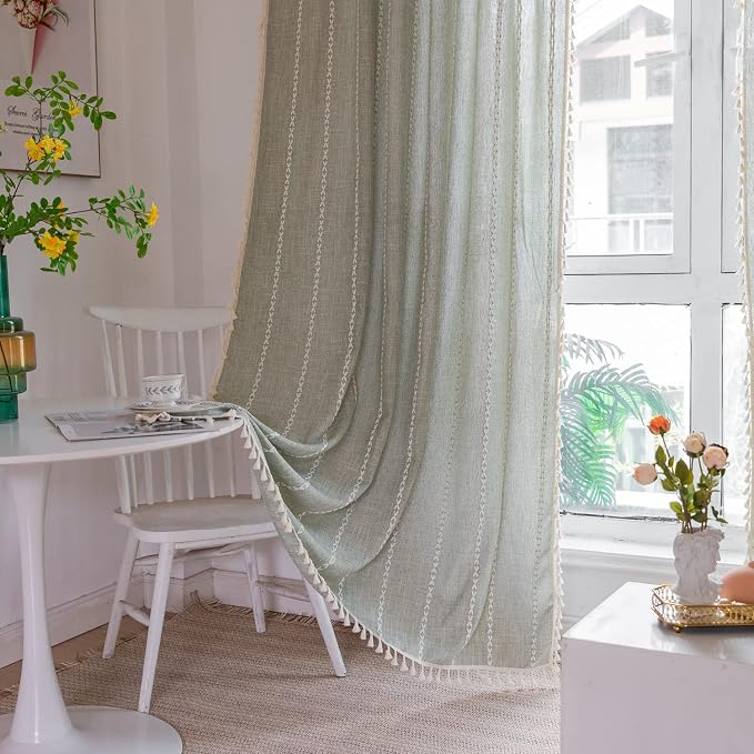 Boho Embroidery Striped Linen Curtains 84 Inches Long 2 Panels by BCLBUSTE