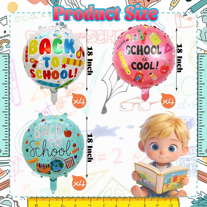 12 Pcs Back to School Balloons, Colorful 18 inch Round Printed Balloons - Image 2