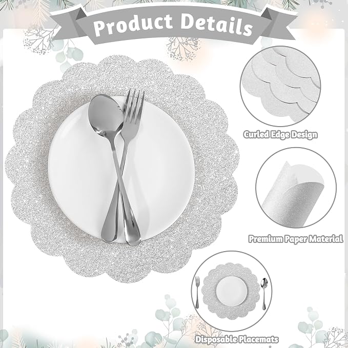 60 Pcs Silver Glitter Paper Placemats, 13.5 Inch Scalloped Table Mats | - Image 4