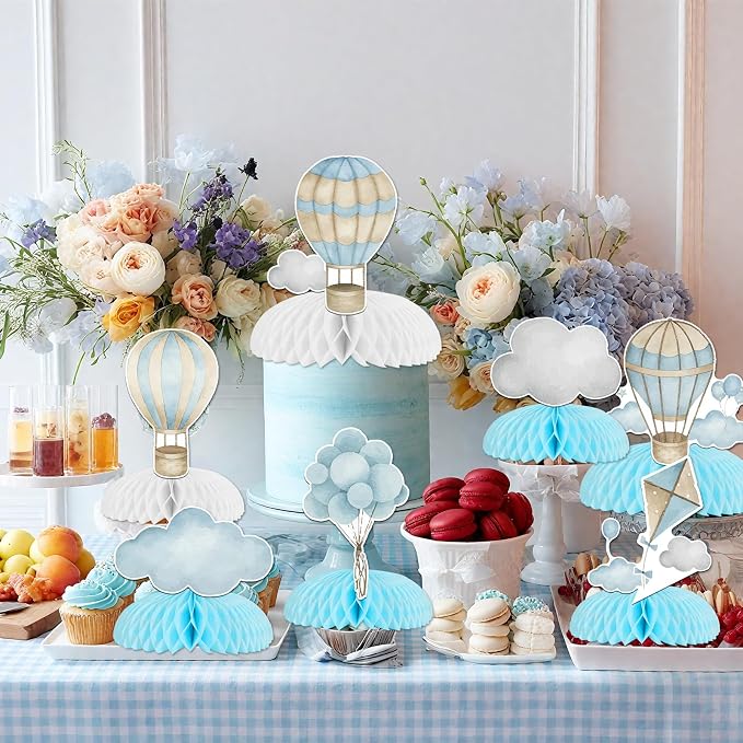 8Pcs Hot Air Balloon Honeycomb Centerpieces Blue Hot Air Balloon Clouds Table - Image 3