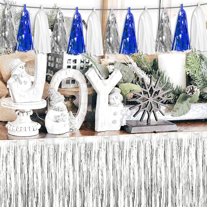 3P Navy Blue White Silver Tassel Banner Garland Metallic Foil Fringe Banner - Image 6