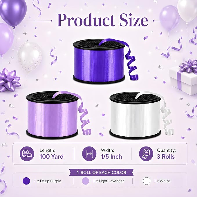 BEISHIDA 3 Pack 100 Yard Matte Purple White Curling Crimped Ribbon Balloon - Image 2