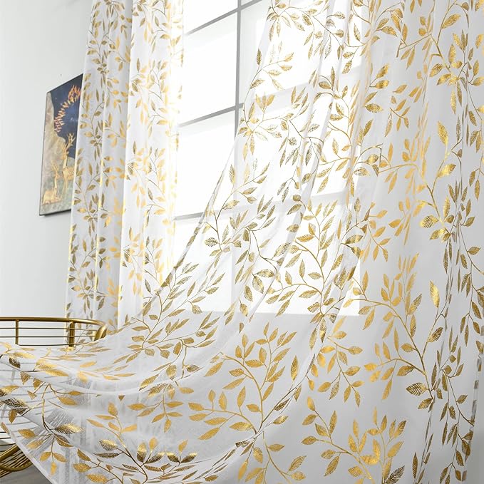 Sutuo Home White Sheer Curtains 84 Inches Long 2 Panels Set, Luxury Gold Foil by SutuoHome