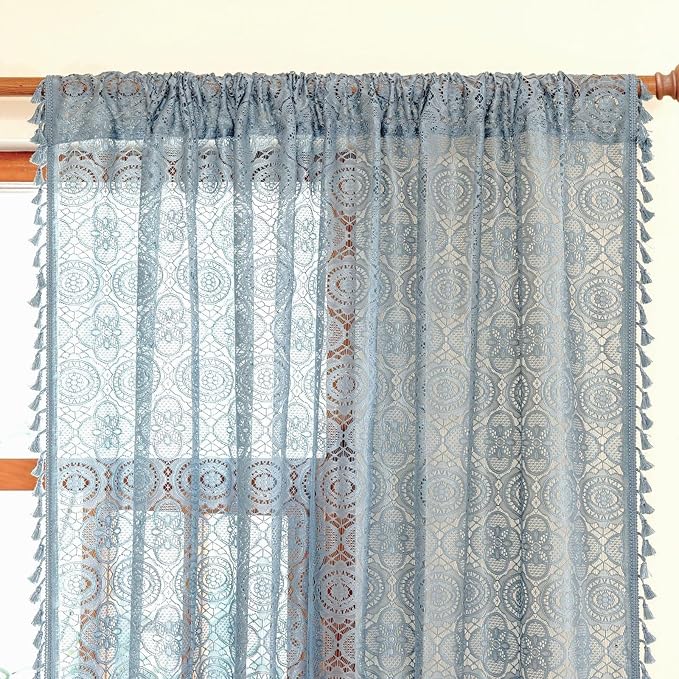 YJ YANJUN Boho Lace Curtains, Dusty Blue Sheer Window Panels | Light Blue - Image 2