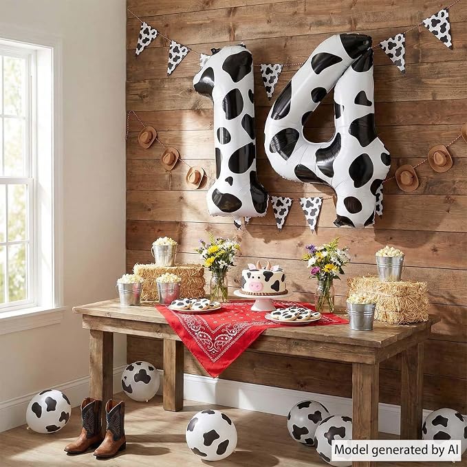 40 Inch Cow Print Number 14 Balloon Set, Giant Black and White Foil Number - Image 3
