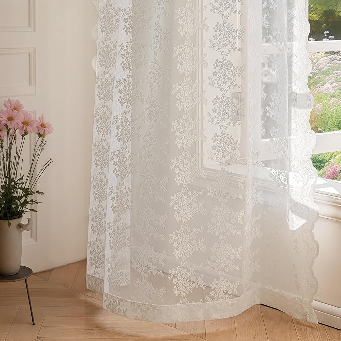 Anmao Vintage White Lace Curtains 120 Inches Long 2 Panels, Romantic Elegant - Image 7