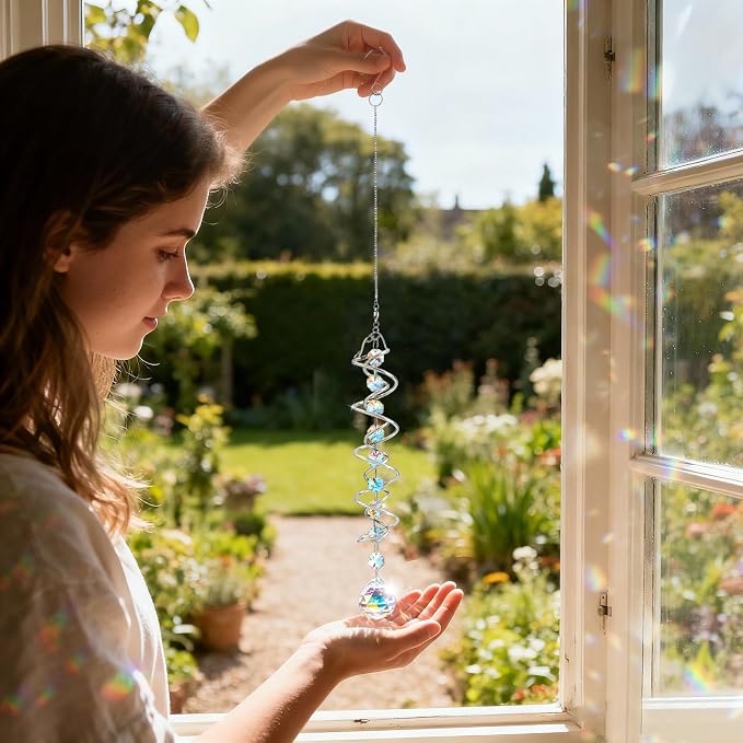 20.5in Crystal Suncatcher Gazing Ball Spiral Wind Spinner Garden Decor | - Image 3